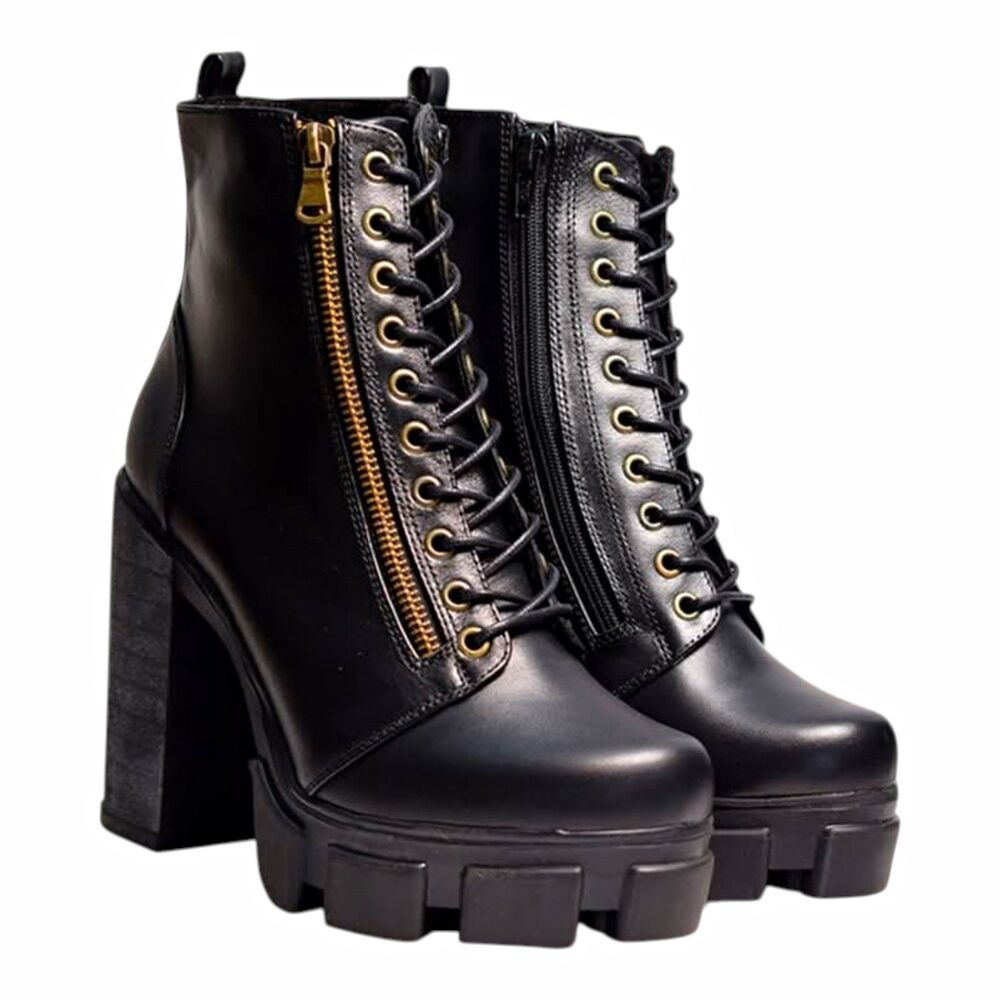 Black Leather Punk Gothic Boots Chunky High Block Heel Lug Zip UP US 5.5/6 EU 36